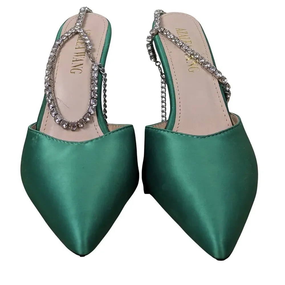 Azalea Wang Ashley Stiletto Heels 6 Green Rhinestone Ankle Strap Pointed Toe